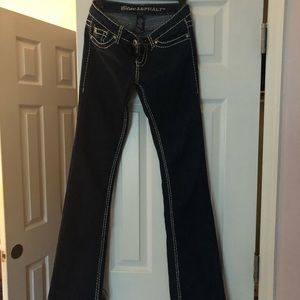 Dark blue flare jeans white stitch. Long, Vintage